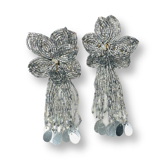 Silver Flower Tassel Earrings